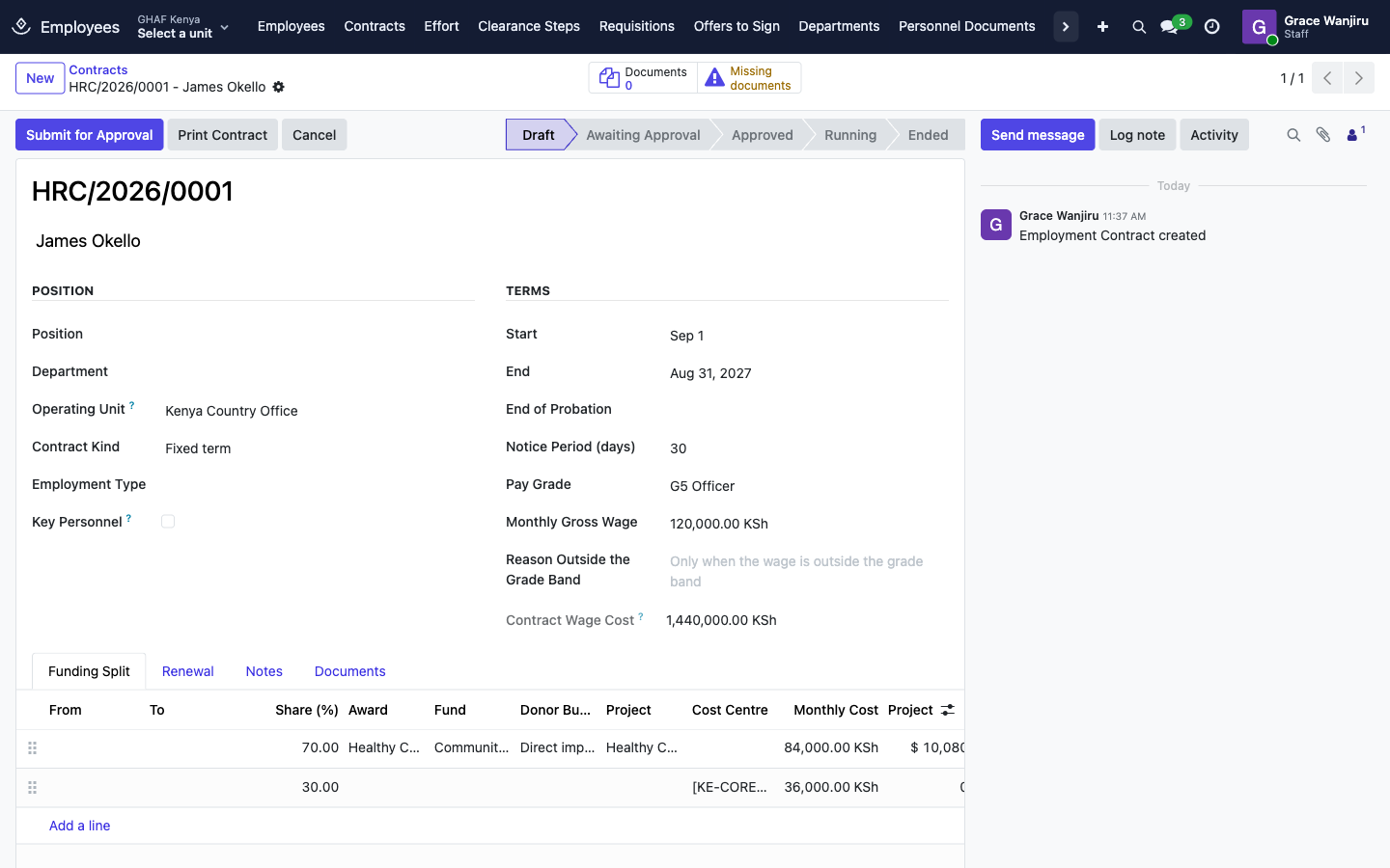 A draft contract with a 70/30 funding split