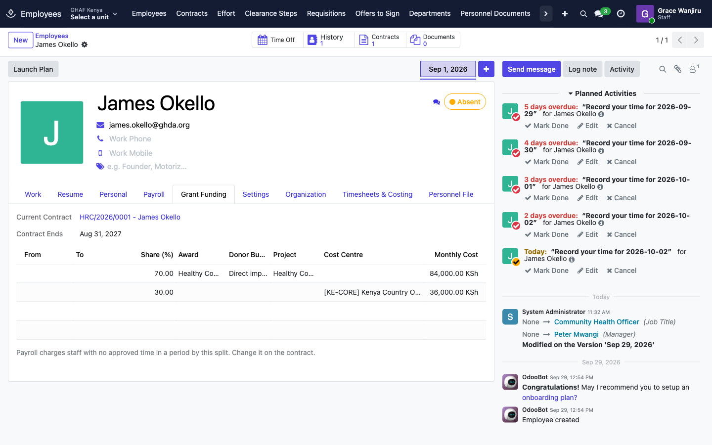 James Okello's employee record: his running contract and how his salary is split between the Healthy Communities grant and core costs