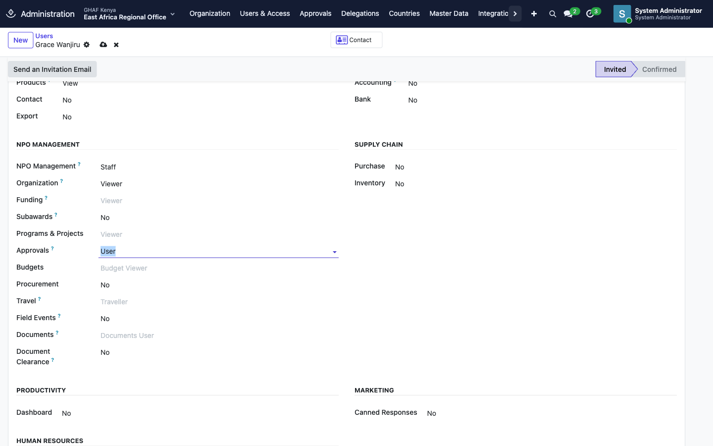 A new user's access rights: Staff, Organization Viewer, Approvals User, and levels included automatically in grey