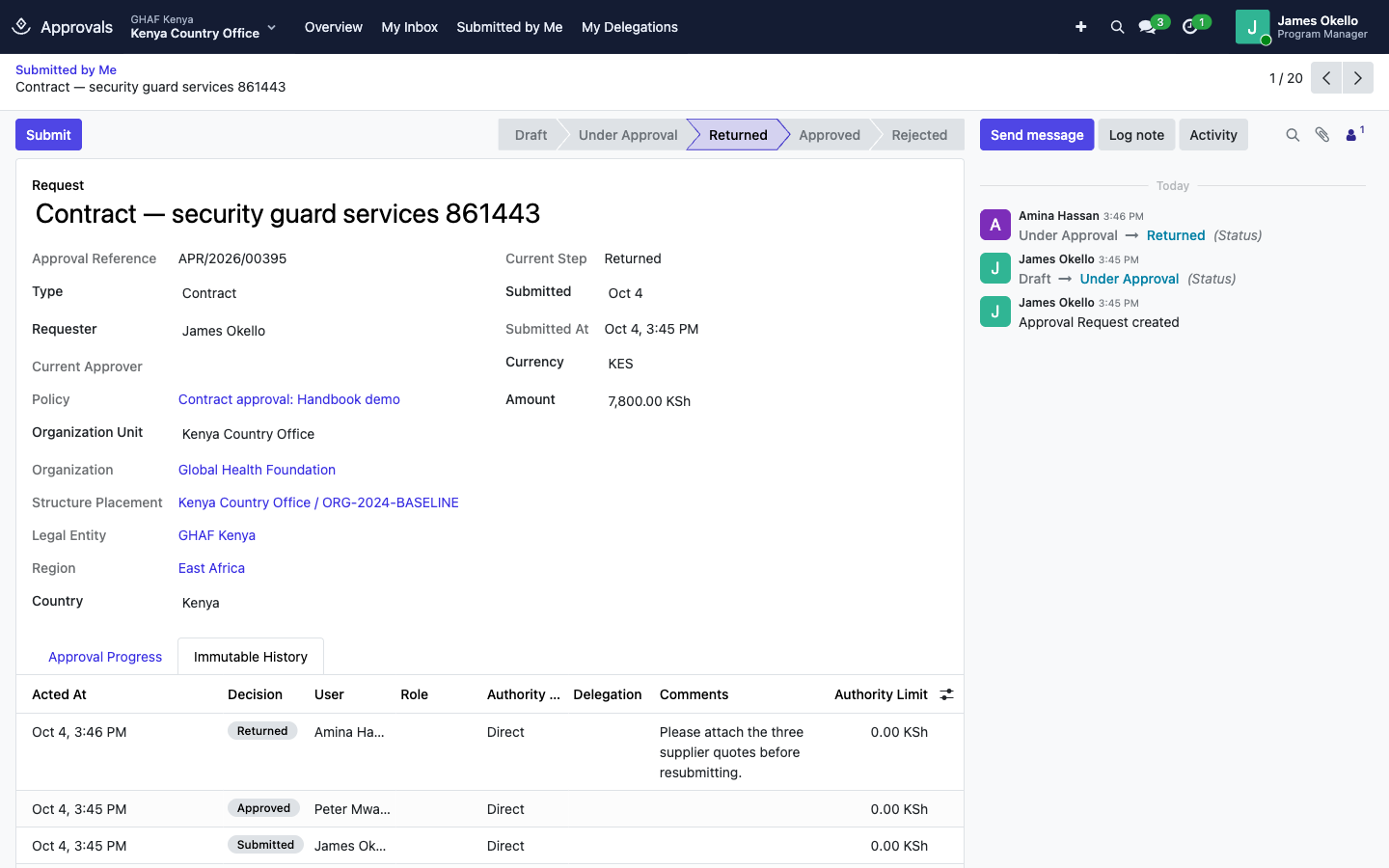 A returned request: the Immutable History tab shows who returned it and why