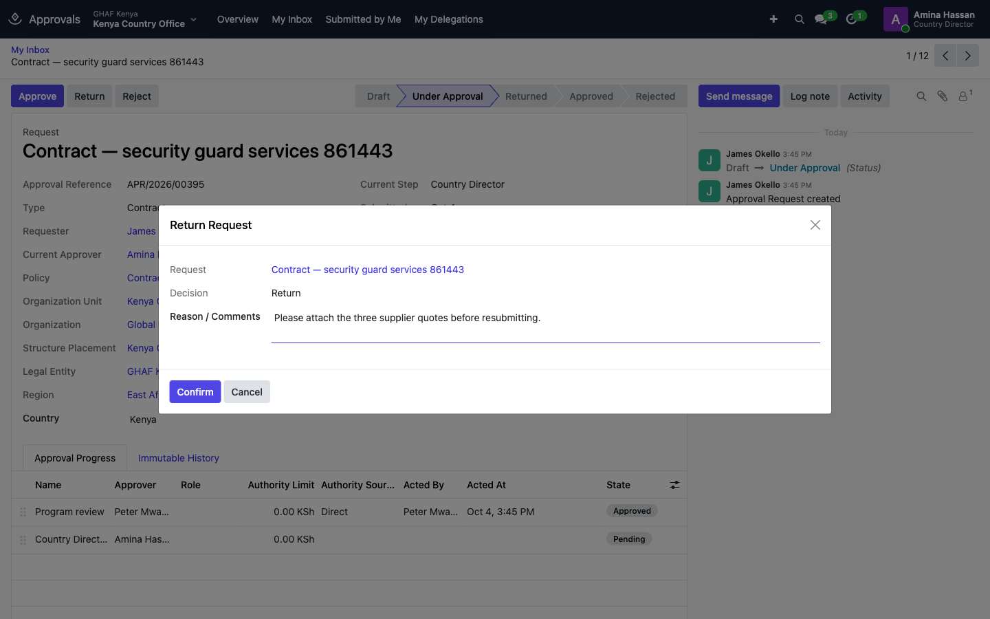 The Return Request box with a reason filled in
