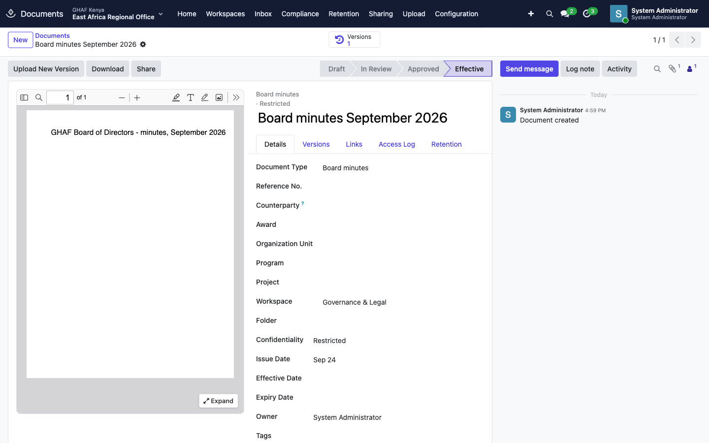 A document: preview, status, type, workspace and confidentiality