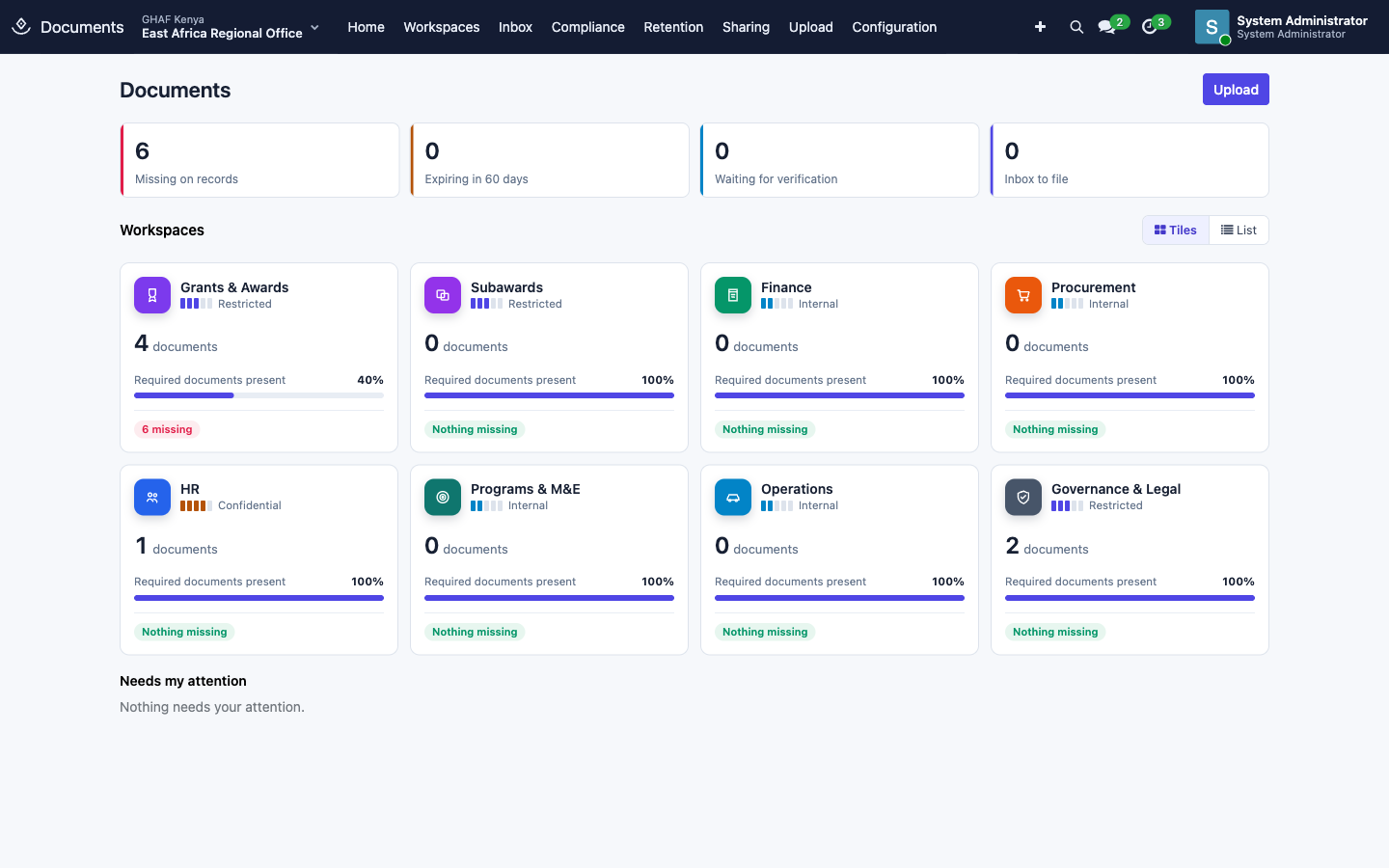 Documents home: counts that need attention, and a tile for each workspace