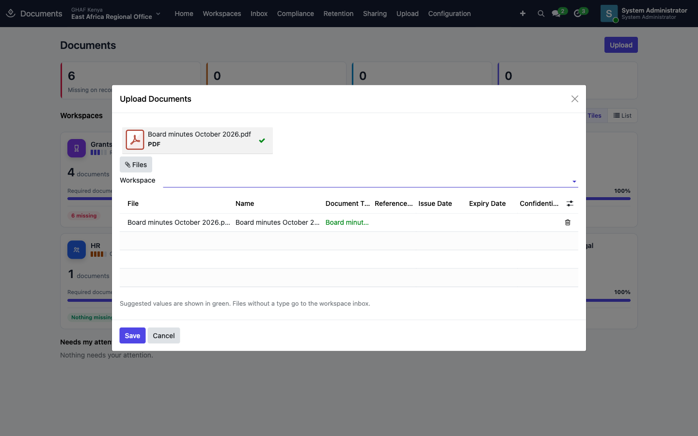 The upload dialog, with the suggested document type in green