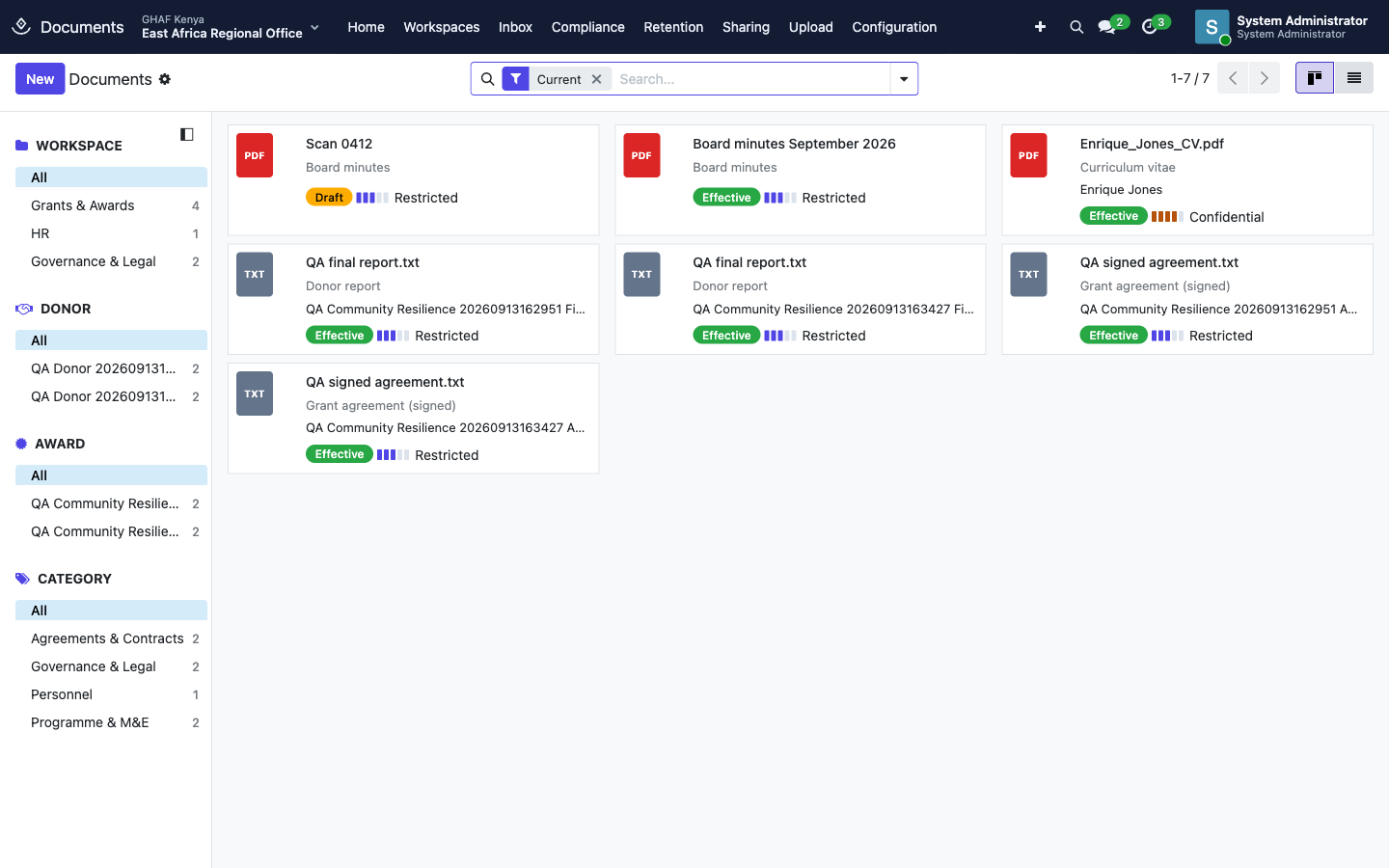 Workspaces: documents with their type, state and confidentiality, filtered from the side panel