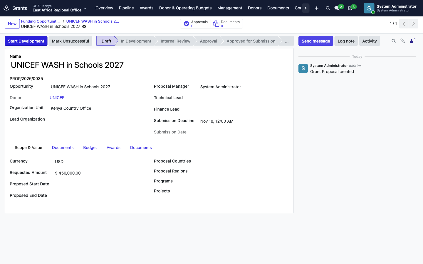 The new proposal in Draft, linked to its opportunity