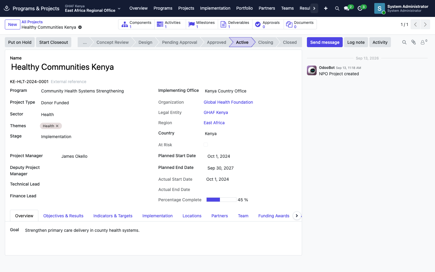 Healthy Communities Kenya: an active project with its components, activities, milestones and deliverables