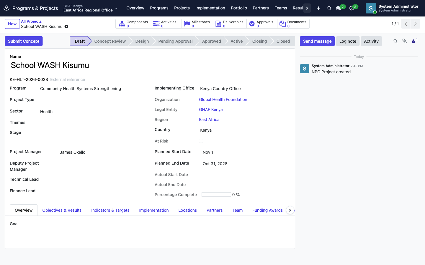 A new project in Draft, with its office, legal entity, region and country filled in from the office