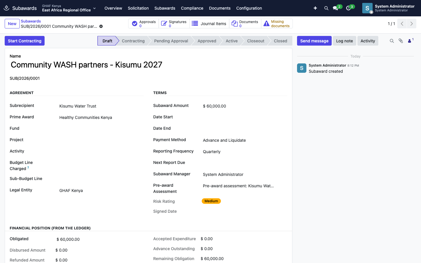 A draft subaward created from the assessment, with its financial position from the ledger